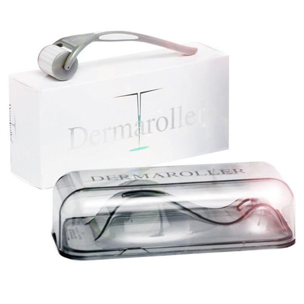 Dermaroller mit Aufbewahrungsbox und Verpackung.