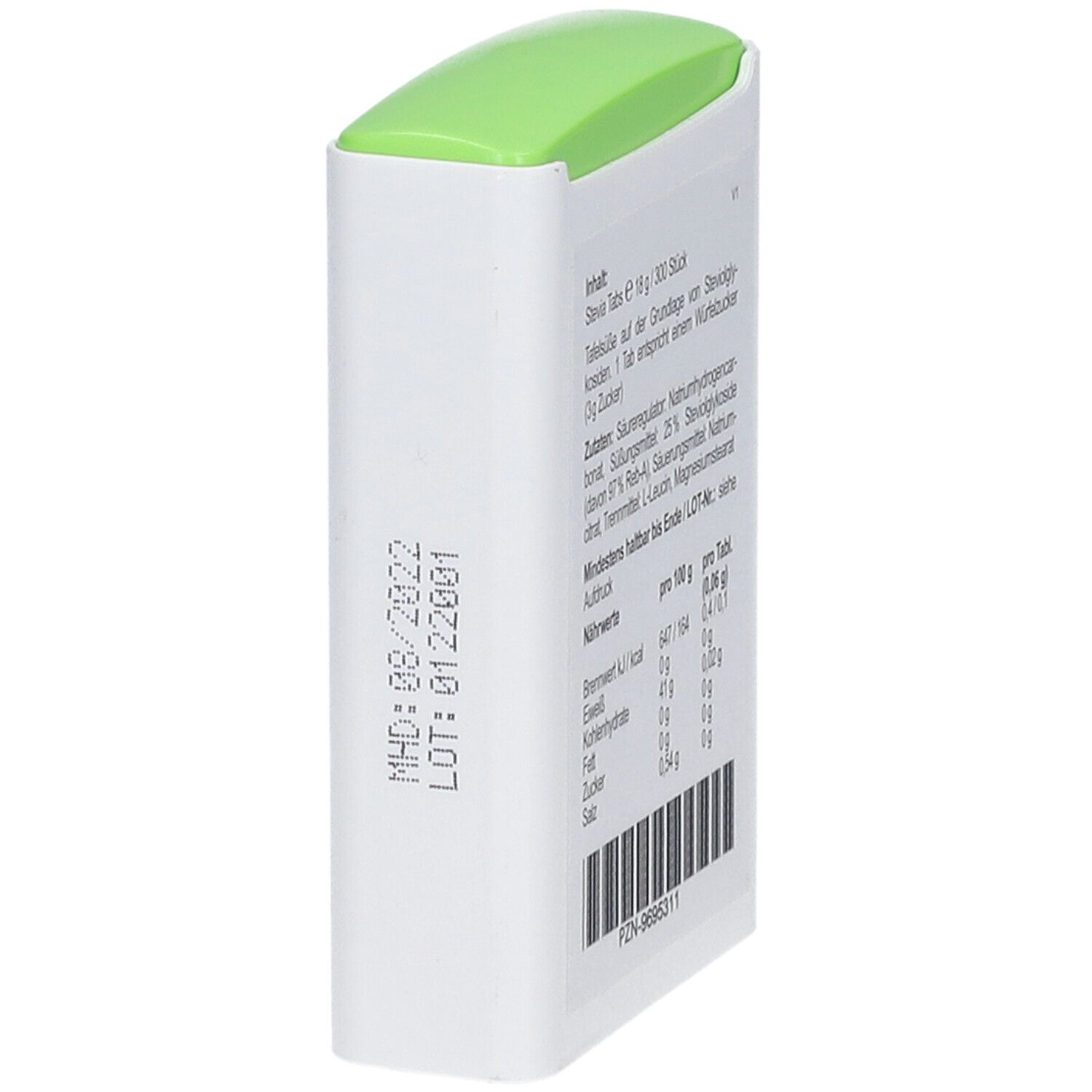 Weiße Dose mit grünem Deckel. MHD 08/2022. LOT: 0122001. Rückseite mit Inhaltsangaben und Nährwerten.