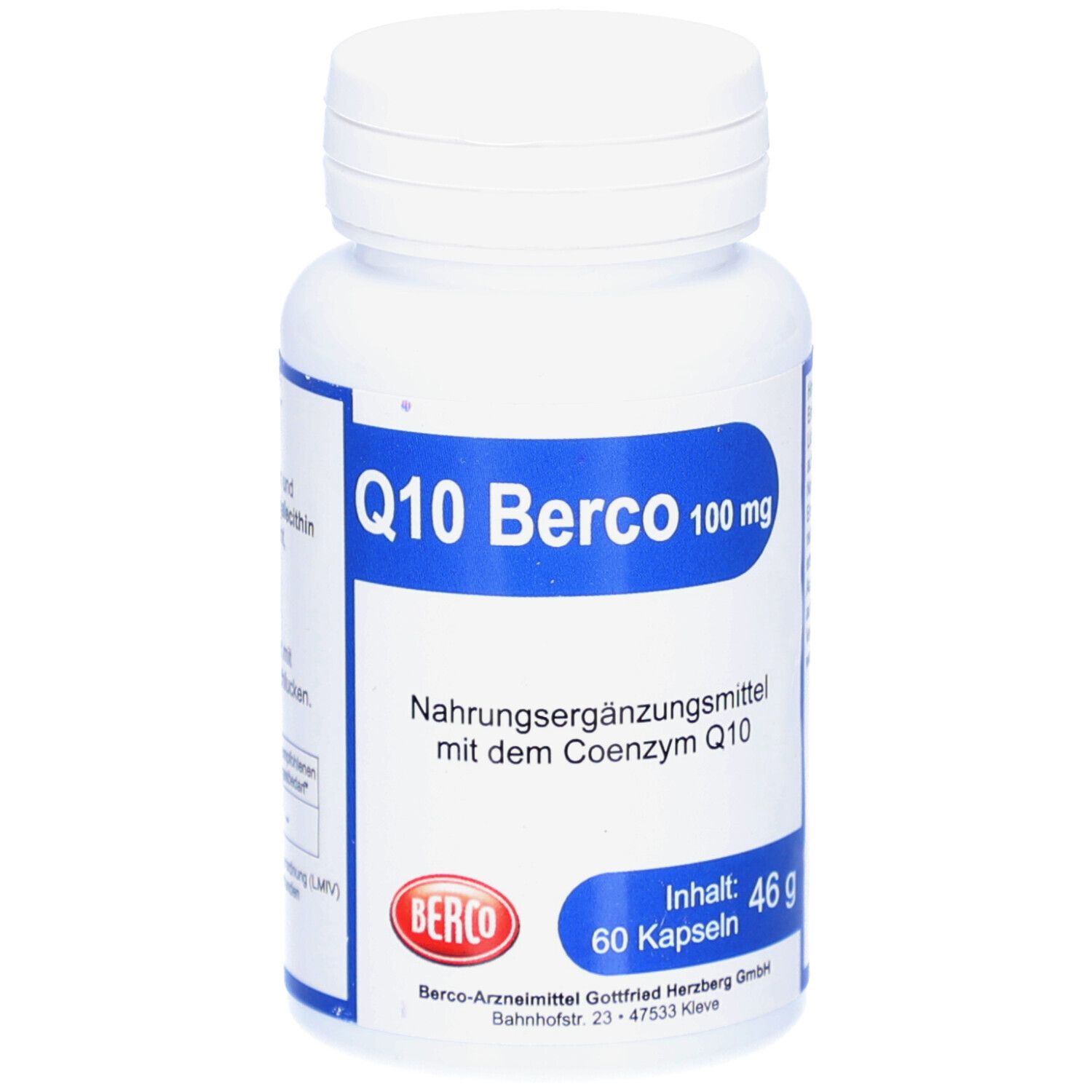 Weiße Flasche mit blauer Beschriftung. Aufschrift: Q10 Berco 100 mg. Nahrungsergänzungsmittel. 60 Kapseln.