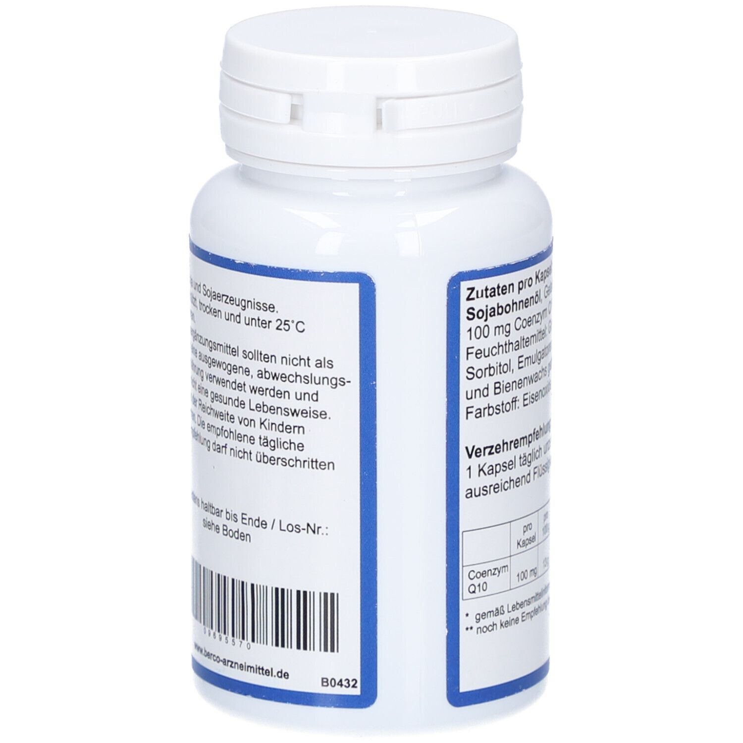 Rückseite der weißen Flasche. Text mit Warnhinweisen und Lagerungshinweisen. Barcode unten.