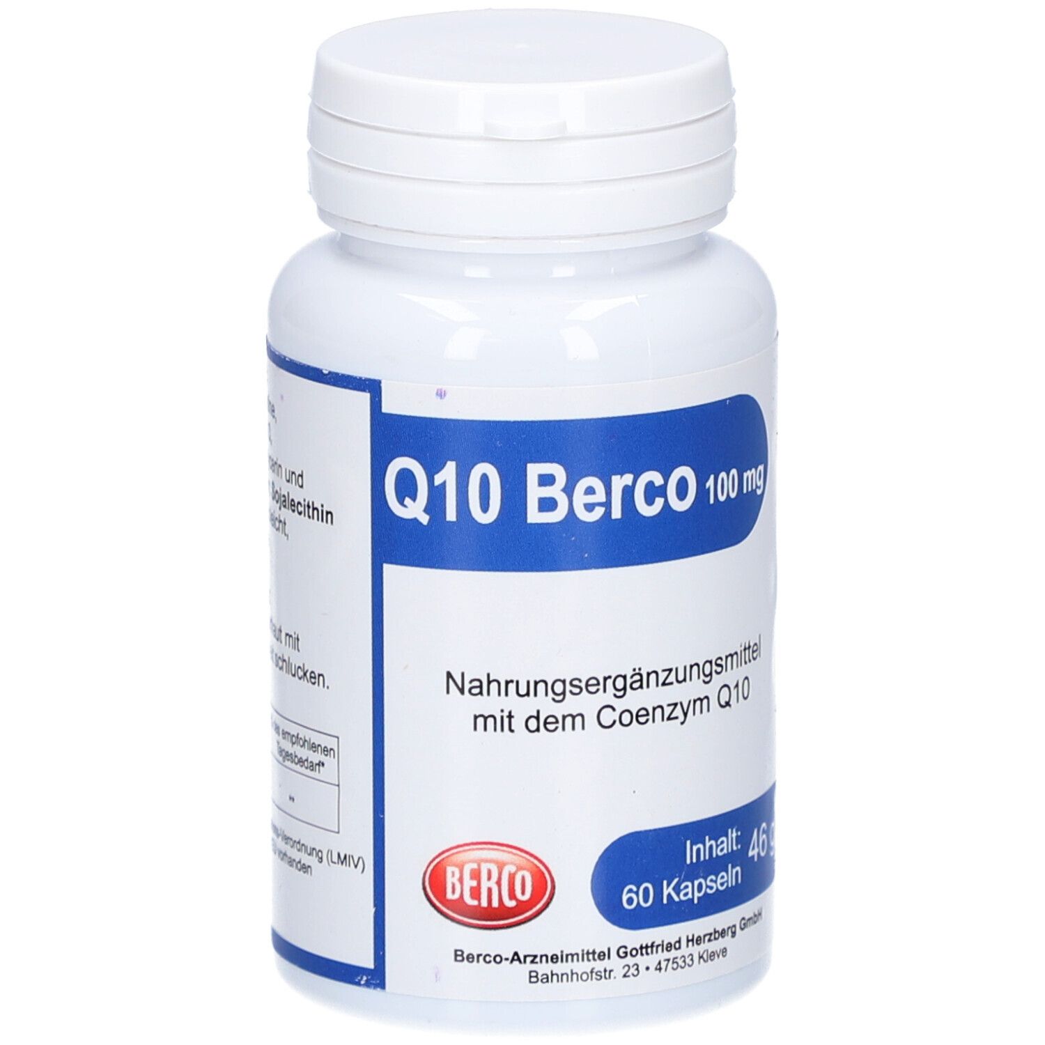 Weiße Flasche mit blauer Beschriftung. Aufschrift: Q10 Berco 100 mg. Nahrungsergänzungsmittel. 60 Kapseln.
