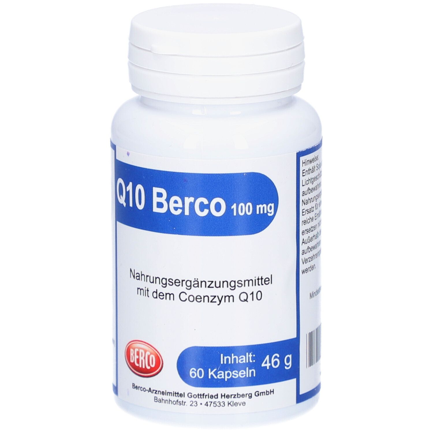Weiße Flasche mit blauer Beschriftung. Aufschrift: Q10 Berco 100 mg. Nahrungsergänzungsmittel. 60 Kapseln.