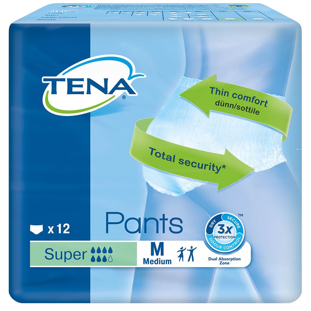 Verpackung TENA Pants Super M. Blaue Verpackung mit Produktabbildung. Text: Pants, Super, M. 12 Stück.