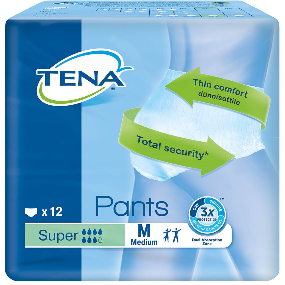 Verpackung TENA Pants Super M. Blaue Verpackung mit Produktabbildung. Text: Pants, Super, M, x12. Grüne Pfeile mit Text: Thin comfort, Total security.