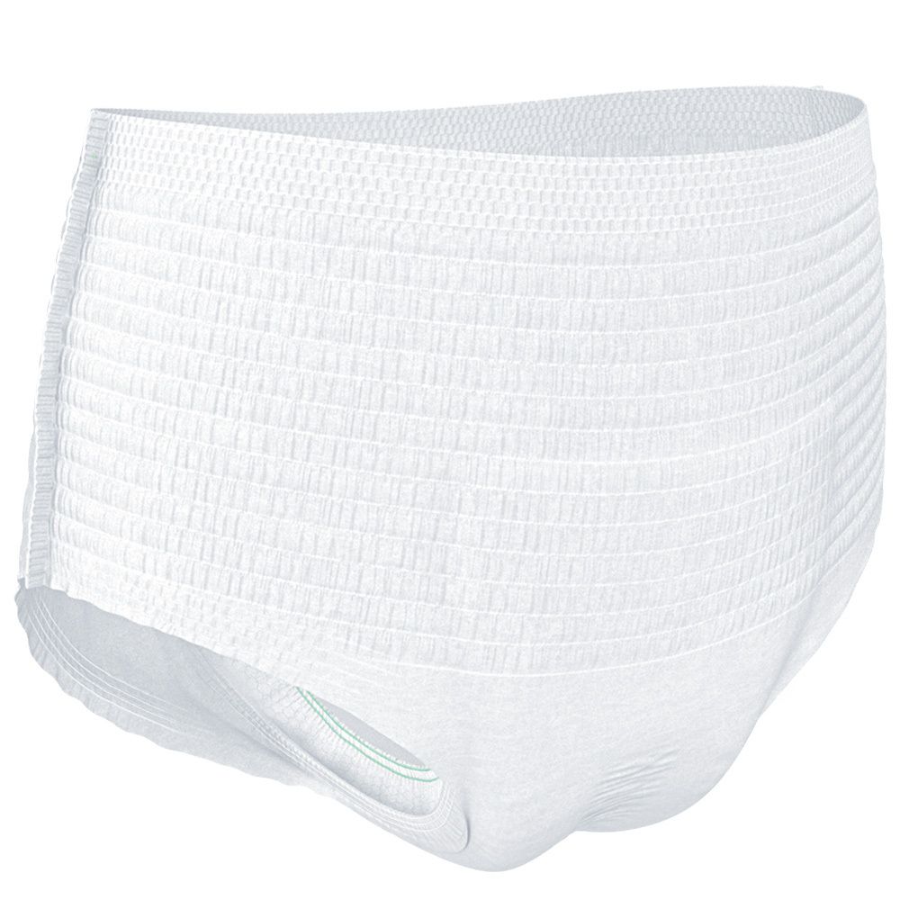 Weiße TENA Pants Super M. Windel in Slipform. Strukturierte Oberfläche. Sichtbare Nähte. Unterseite mit grüner Linie.
