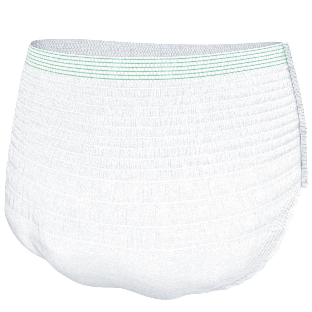 Weiße TENA Pants Super M. Windel in Slipform. Oberer Bund mit grünen Streifen. Strukturierte Oberfläche.