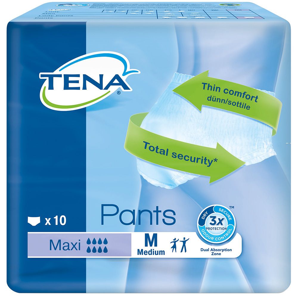 Verpackung von TENA Pants Maxi M. Blaue Verpackung mit Produktabbildung. Text: TENA, Pants, Maxi, M, 10 Stück. Pfeile zeigen auf Produktmerkmale.