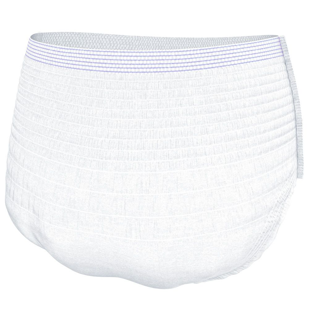 Rückansicht der weißen TENA Pants Maxi M. Elastischer Bund mit blauen Streifen. Materialstruktur deutlich erkennbar. Produkt im Ganzen.