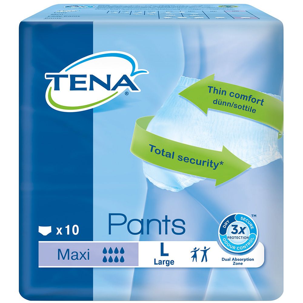 Verpackung mit TENA Pants Maxi L. Blaue Verpackung mit Produktabbildung und Produktbezeichnungen. Enthält 10 Stück.