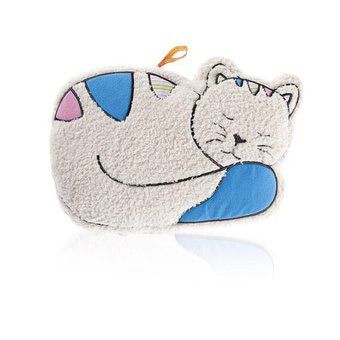 Kuscheliges Wärmflaschen-Cover in Katzenform. Weißes Fell, blaue und rosa Akzente. Orangefarbene Schlaufe zum Aufhängen.