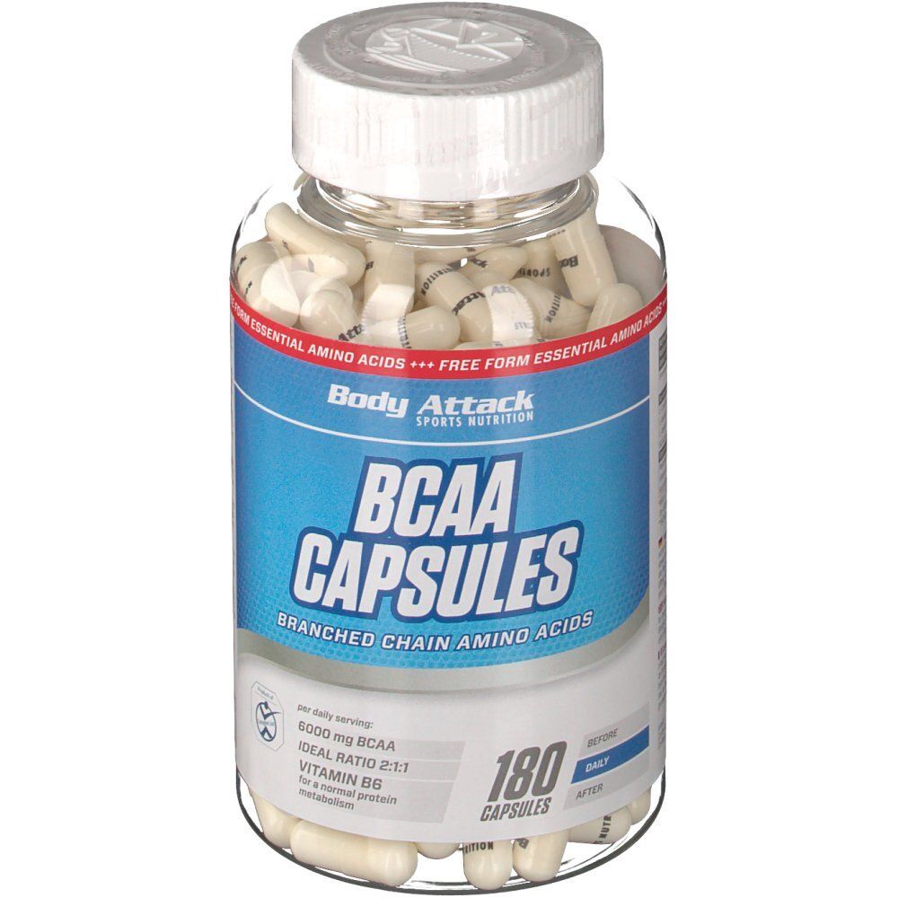 Klare Plastikflasche mit weißen Kapseln. Blaue und weiße Etiketten mit Produktinformationen. "BCAA CAPSULES" und "180 Kapseln" deutlich sichtbar.