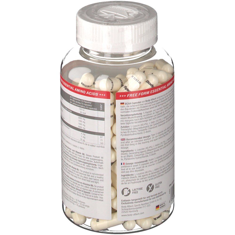 Rückansicht der Flasche mit weißen Kapseln. Etikett mit Nährwertangaben und Inhaltsstoffen. Glutenfrei und laktosefrei Symbole.