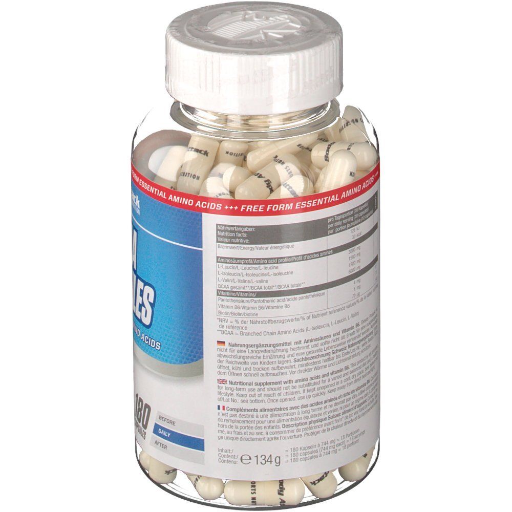 Rückansicht der Flasche mit weißen Kapseln. Etikett mit Nährwertangaben und Inhaltsstoffen. Gewicht: 134g.