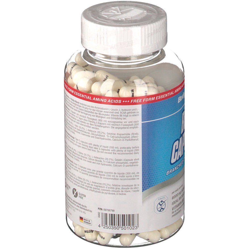 Rückansicht der Flasche mit weißen Kapseln. Etikett mit Nährwertangaben und Inhaltsstoffen. Barcode und Herstellerinformationen.