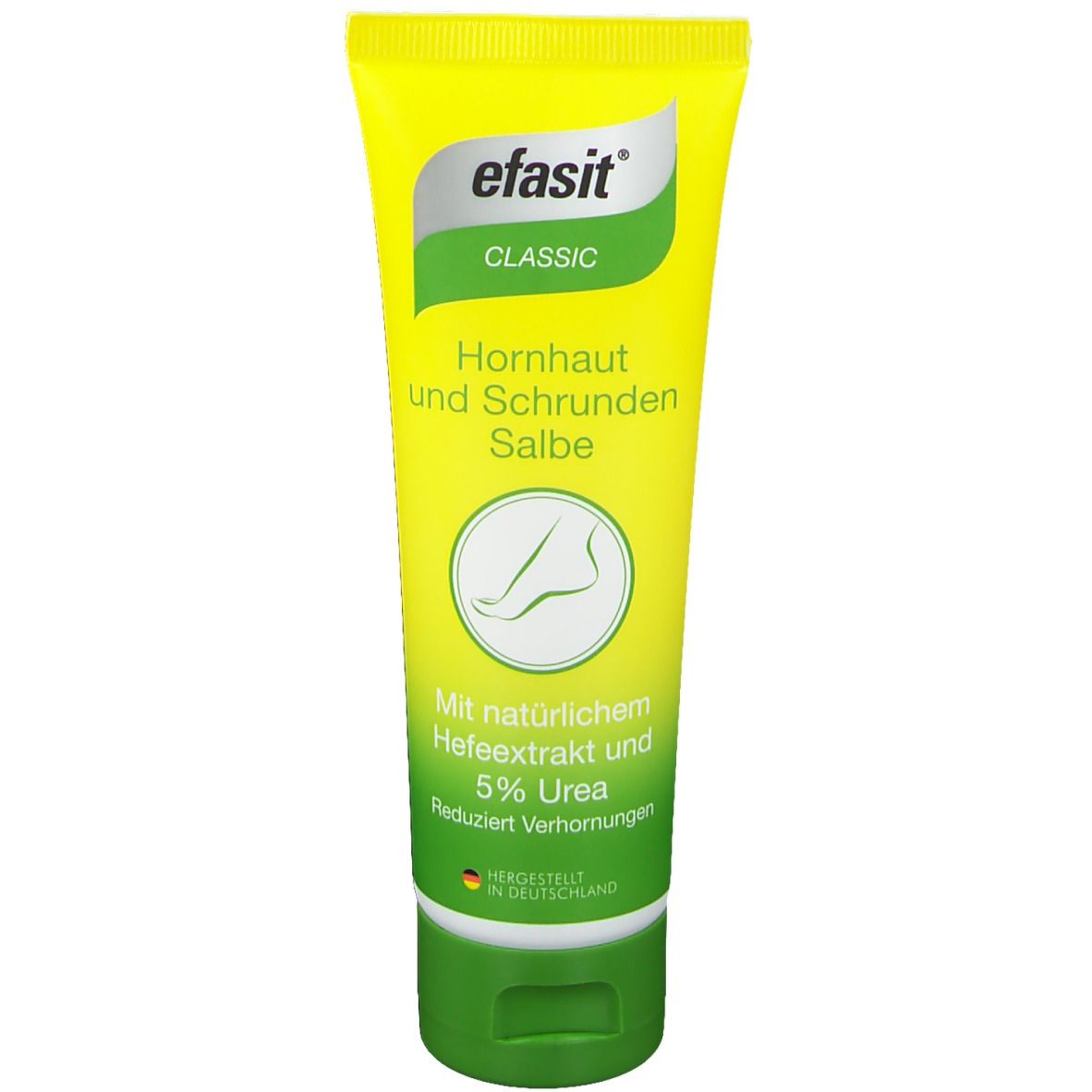Gelbe Tube efasit® CLASSIC Hornhaut und Schrunden Salbe. Grüner Deckel und Schrift. Fußsymbol. Text: Mit natürlichem Haferextrakt und 5% Urea.