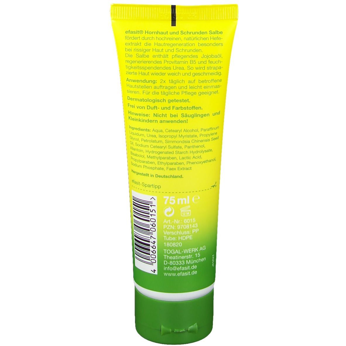 Rückseite der Tube efasit® CLASSIC. Gelber Hintergrund, grüne Schrift und Deckel. Text und Inhaltsstoffe. 75 ml. Hergestellt in Deutschland.