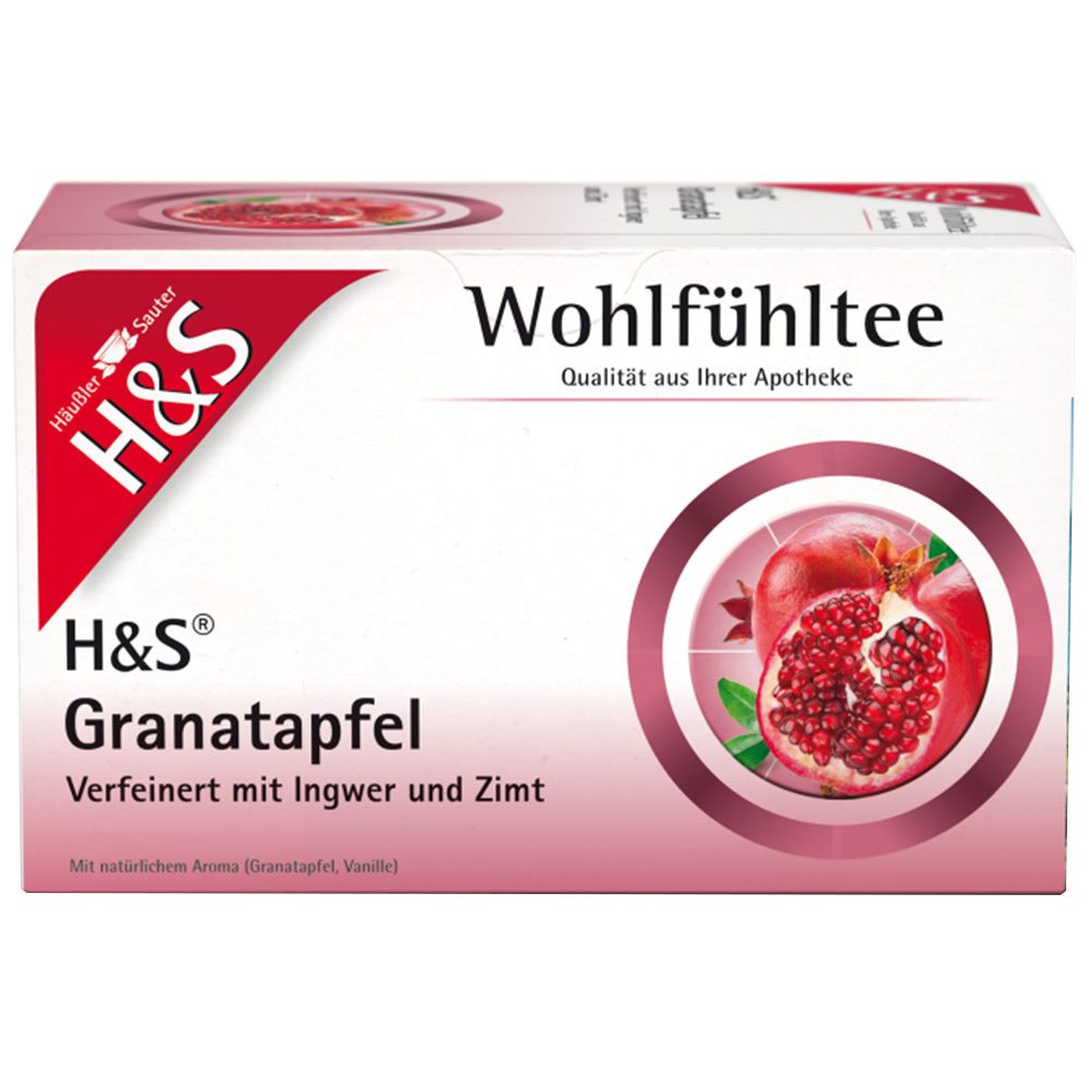 H&S Granatapfel Tee-Verpackung. Weiß, rot, mit Granatapfel-Illustration. Text: Wohlfühlttee, H&S, Granatapfel, Ingwer, Zimt.