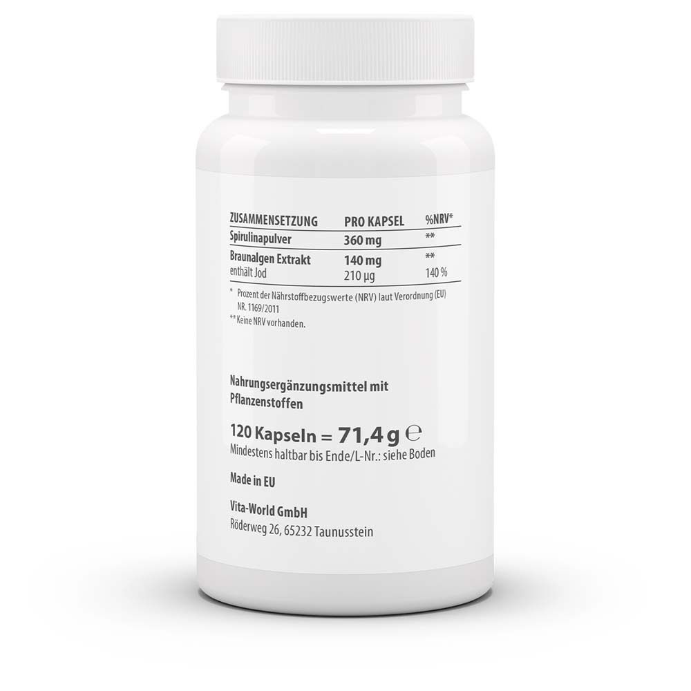 Rückseite der weißen Flasche. Text: Zusammensetzung, Nährwertangaben, 120 Kapseln = 71,4g, Made in EU.