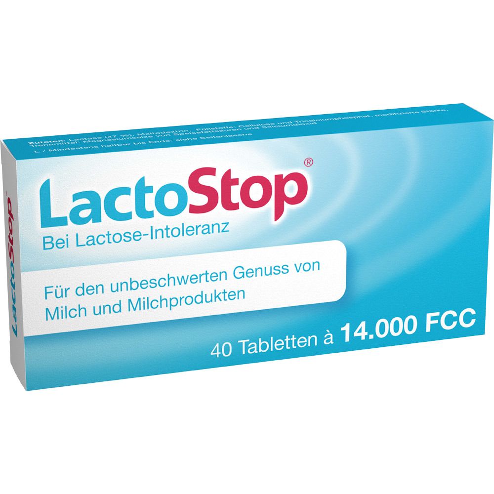 Blau-weiße Verpackung mit dem Produktnamen LactoStop in Rot. Text: Bei Lactose-Intoleranz, 40 Tabletten à 14.000 FCC.
