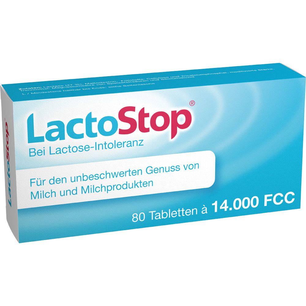 Blau-weiße Schachtel mit dem Produktnamen LactoStop. Text: Bei Lactose-Intoleranz. 80 Tabletten à 14.000 FCC.
