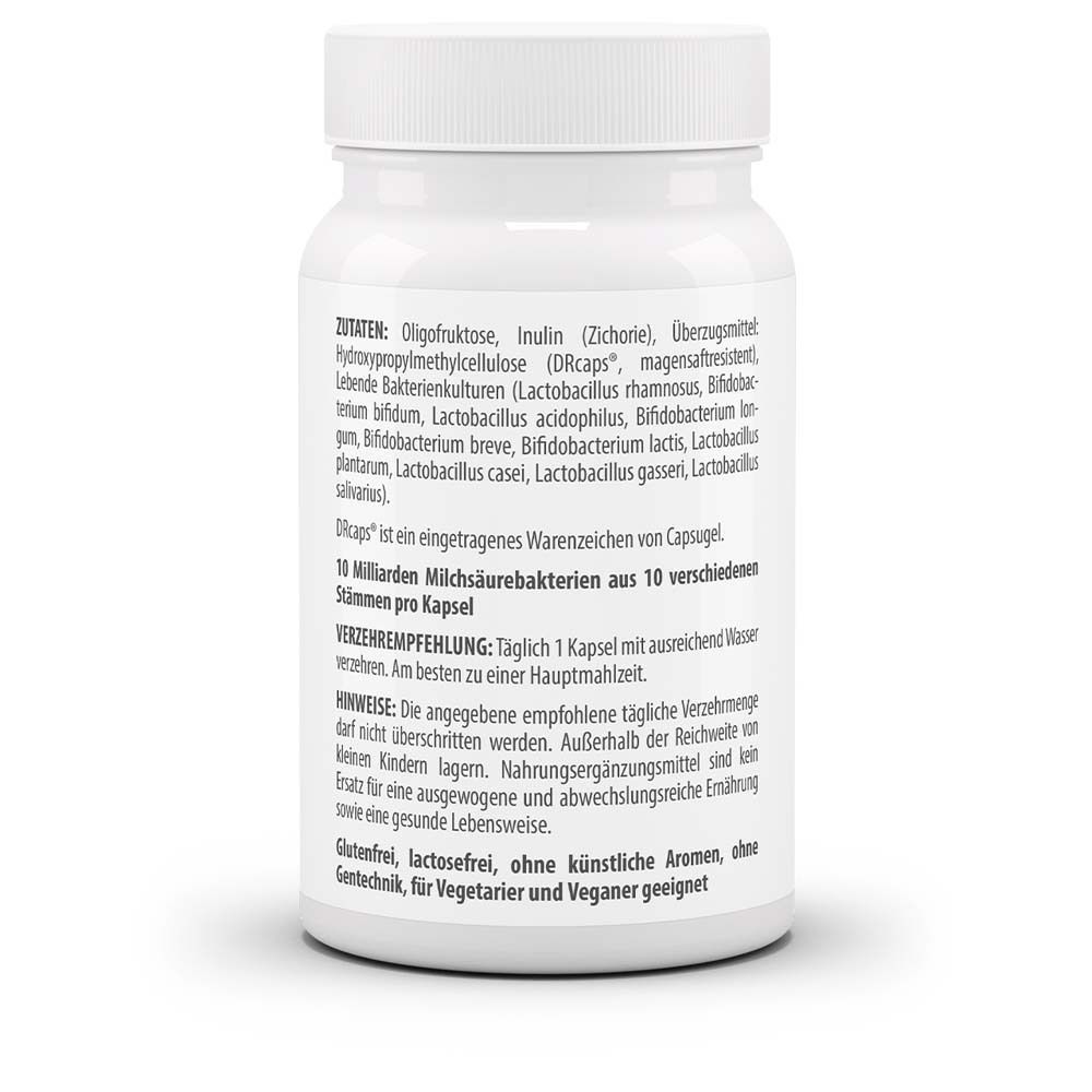 Rückseite der weißen Flasche Omnilact Plus. Auflistung der Inhaltsstoffe, Verzehrempfehlung und Hinweise.