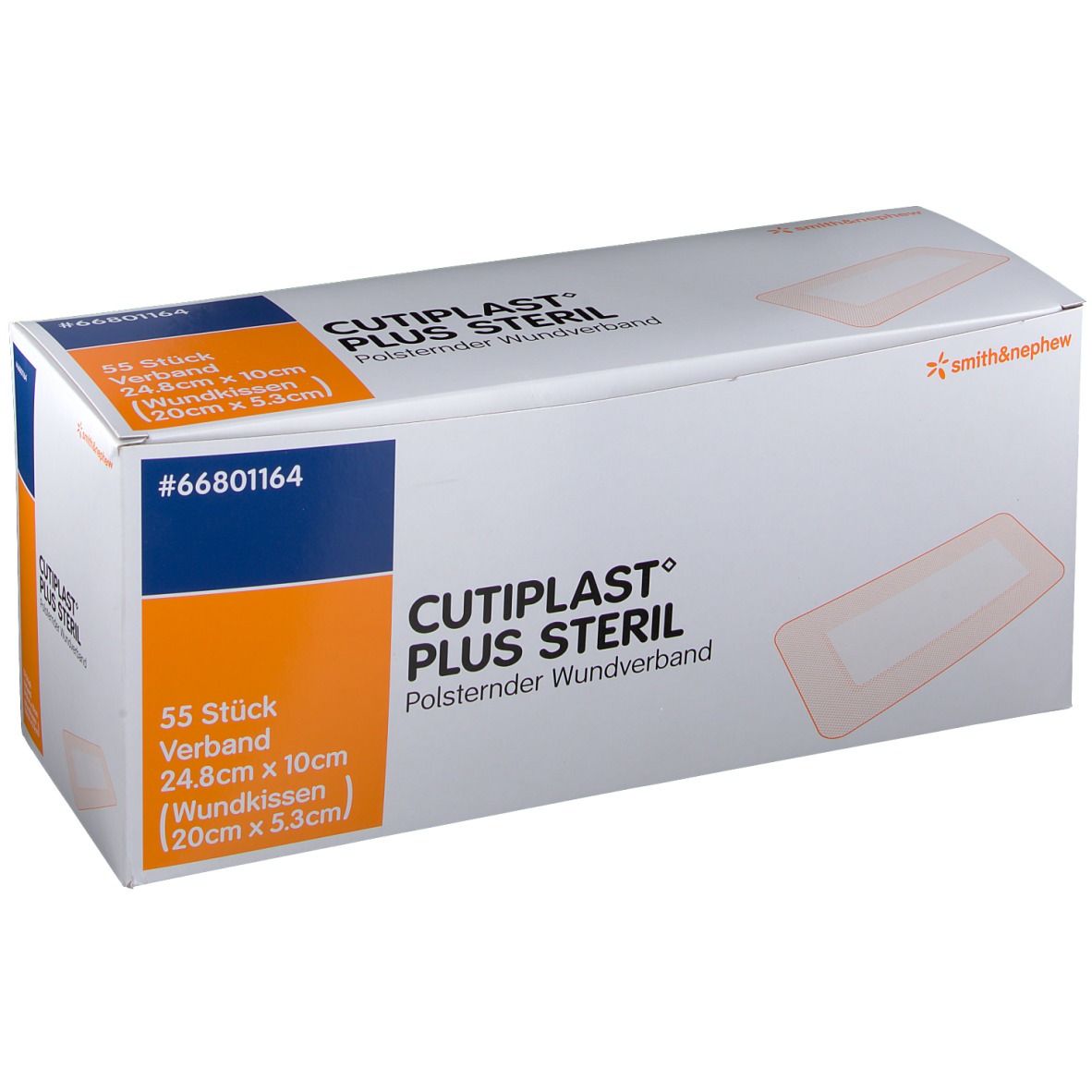 Verpackung von CUTIPLAST Plus steril. 55 Stück. Polsternder Wundverband. Smith & Nephew Logo. Produktnummer #66801164.