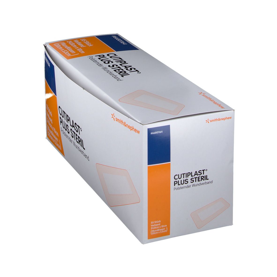 Schräg gestellte Verpackung von CUTIPLAST Plus steril. Polsternder Wundverband. Smith & Nephew Logo. Produktnummer #66801164.