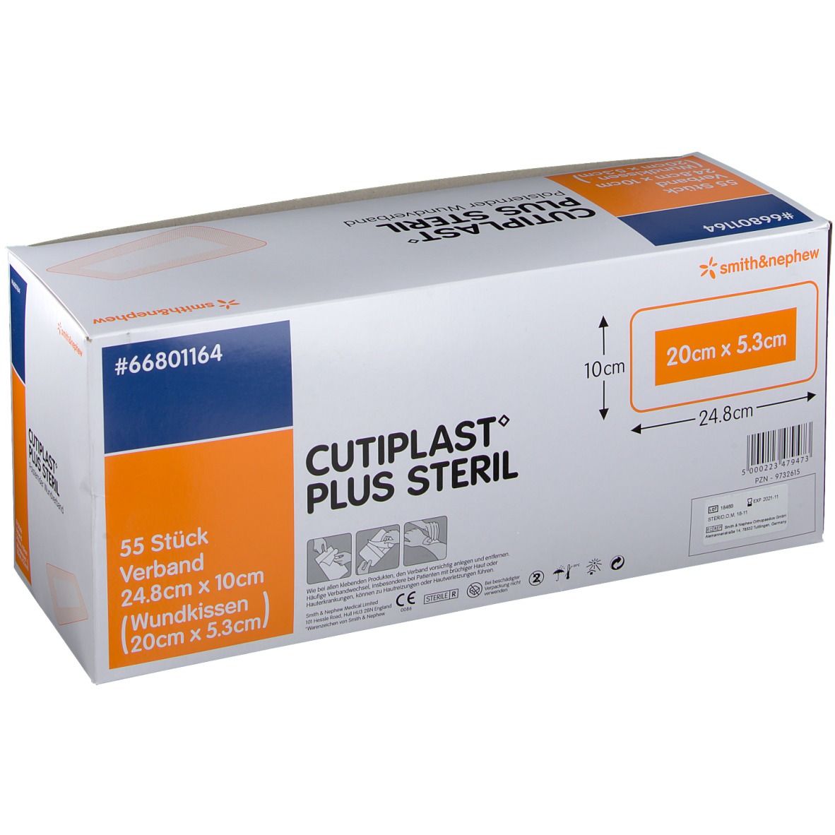 Verpackung von CUTIPLAST Plus steril. 55 Stück. Polsternder Wundverband. Abmessungen 24,8cm x 10cm. Smith & Nephew Logo. #66801164.
