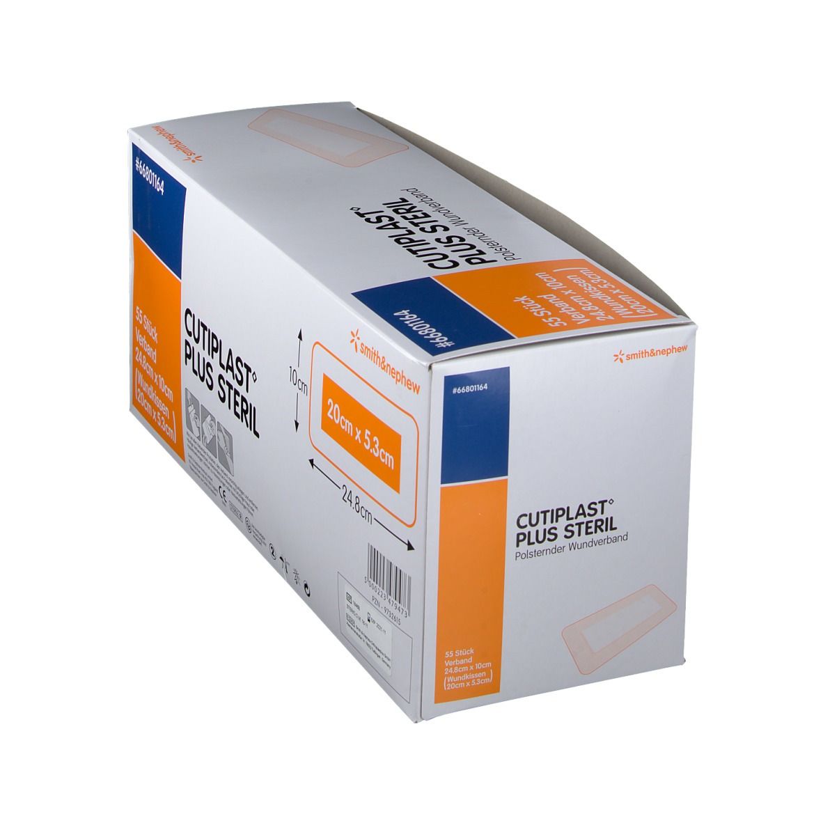 Schräg gestellte Verpackung von CUTIPLAST Plus steril. Polsternder Wundverband. Abmessungen 24,8cm x 10cm. Smith & Nephew Logo. #66801164.