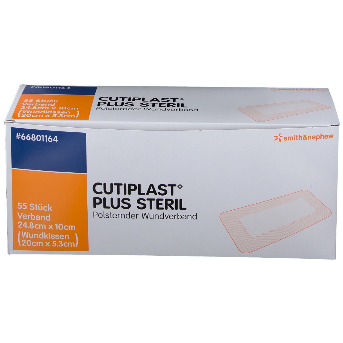 Verpackung von CUTIPLAST Plus steril. 55 Stück. Polsternder Wundverband. Smith & Nephew Logo. Produktnummer #66801164.