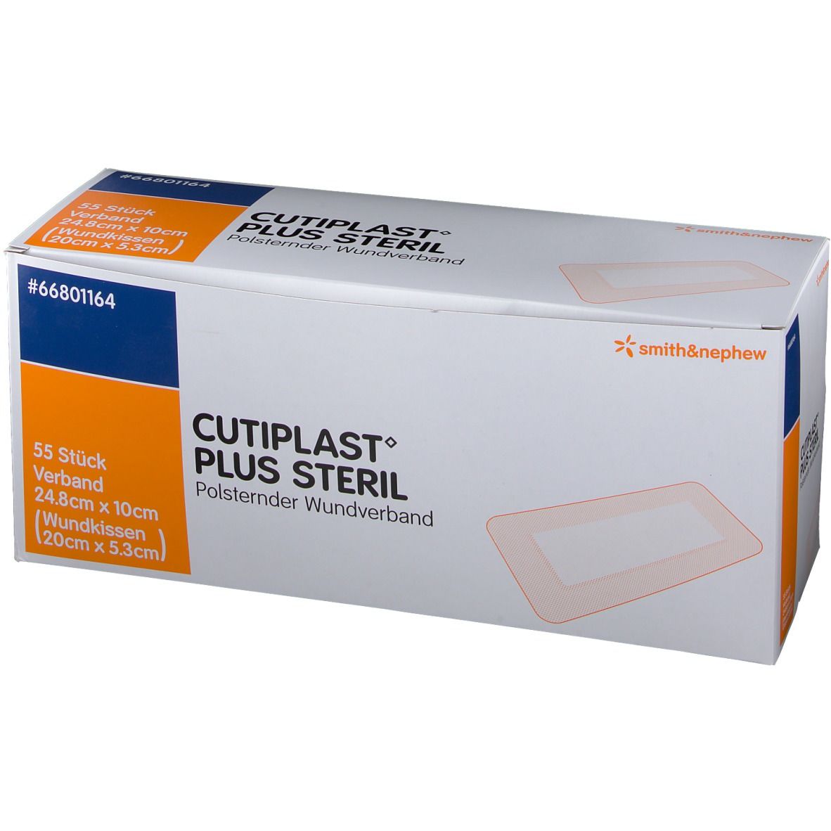 Verpackung von CUTIPLAST Plus steril. 55 Stück. Polsternder Wundverband. Smith & Nephew Logo. Produktnummer #66801164.