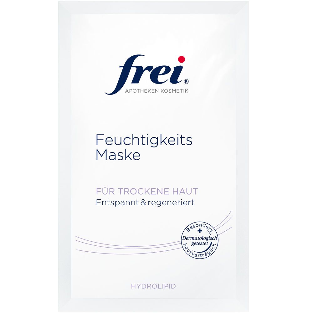 Weiße Maskenverpackung mit Logo "frei". Text: Feuchtigkeits Maske, Für trockene Haut. Siegel: Dermatologisch getestet.
