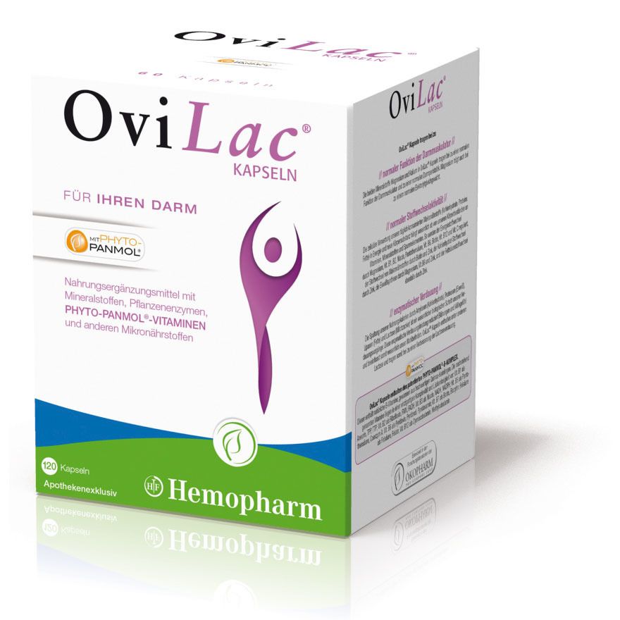 Weißer Karton mit OviLac Kapseln-Aufdruck. Enthält Informationen und das Logo von Hemopharm. Aufschrift: Für Ihren Darm.