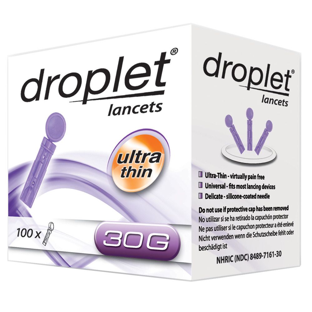 Verpackung mit 'droplet' Lanzetten. Text: 'ultra thin', '30G', '100x'. Lila Lanzette abgebildet.