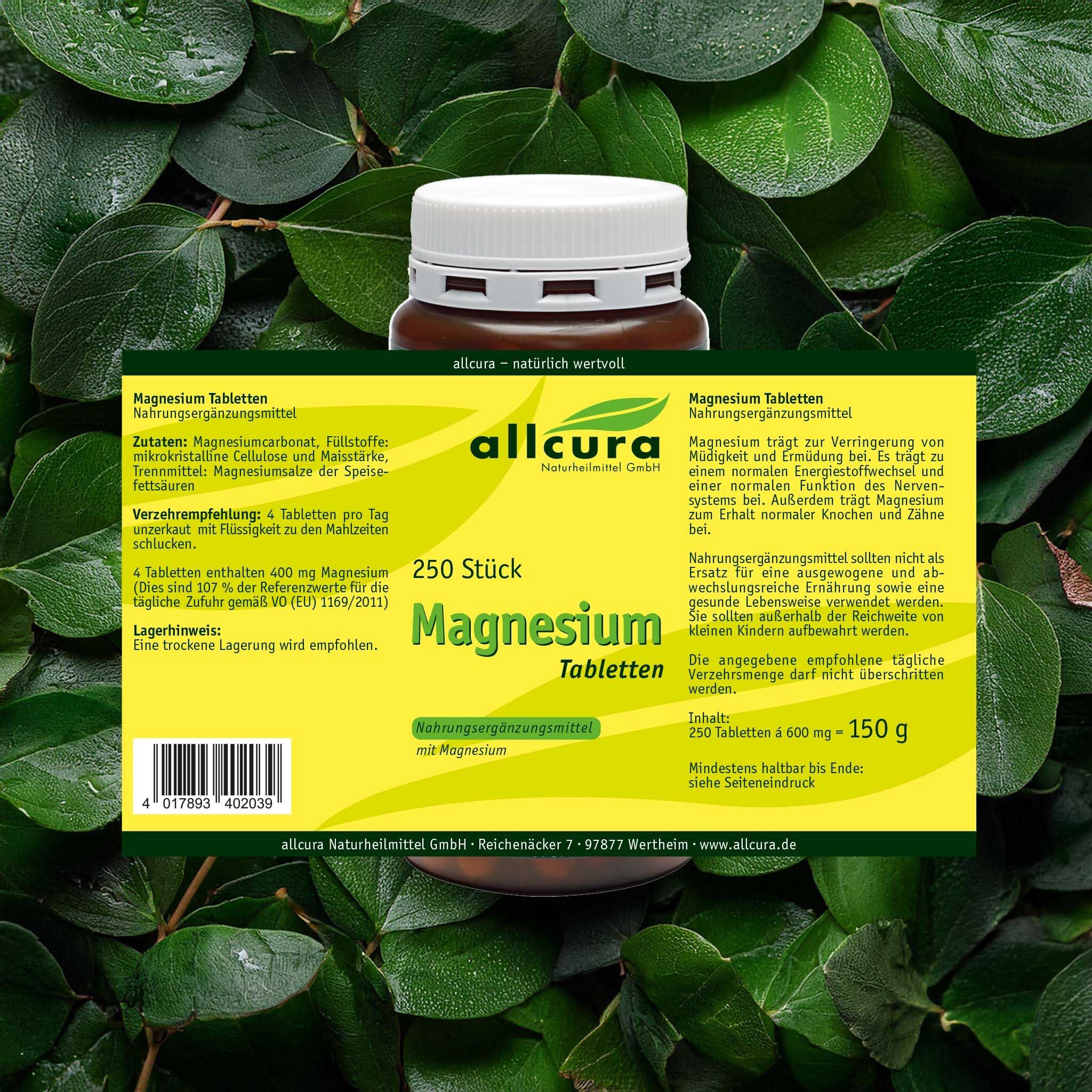 Rückseite der Flasche allcura Magnesium Tabletten. Text: 250 Stück, Magnesium Tabletten. Zutaten, Verzehrempfehlung.