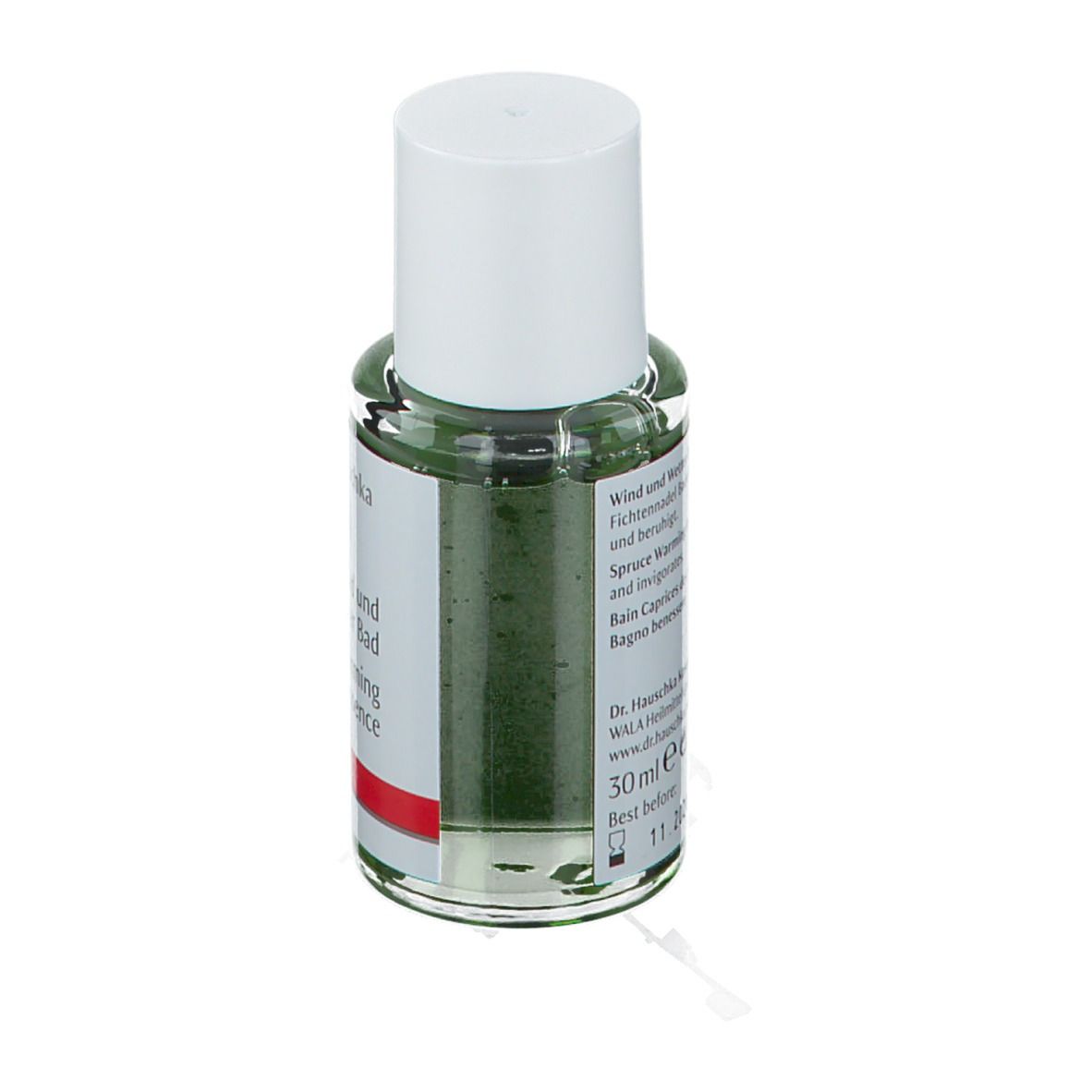 Rückansicht der Glasflasche. Etikett mit Text und grüner Flüssigkeit im Inneren.