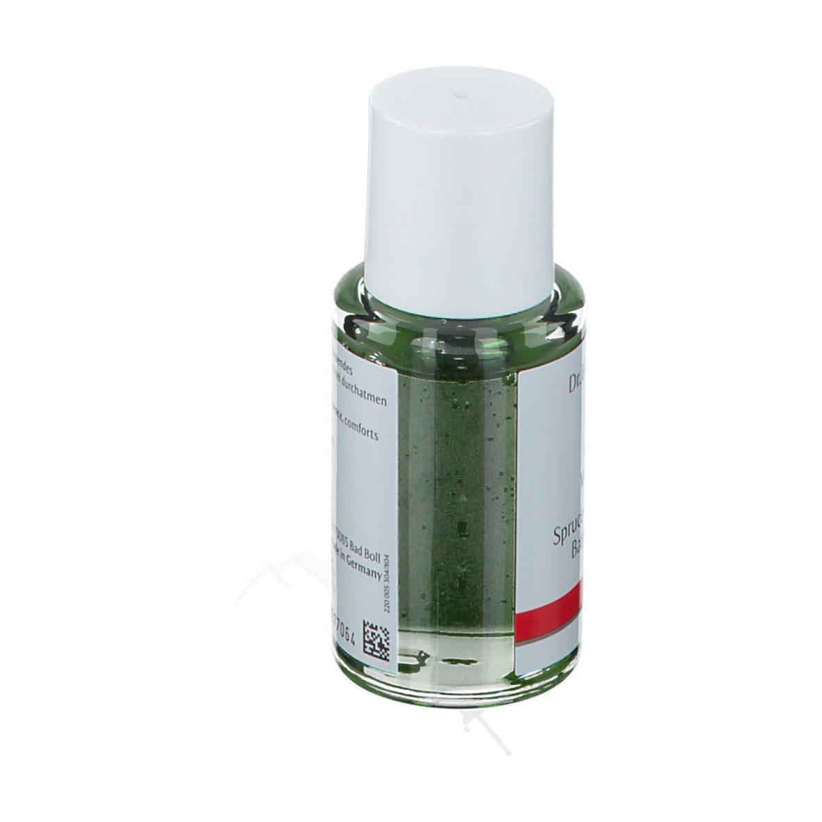 Rückansicht der Glasflasche. Etikett mit Text und grüner Flüssigkeit im Inneren.