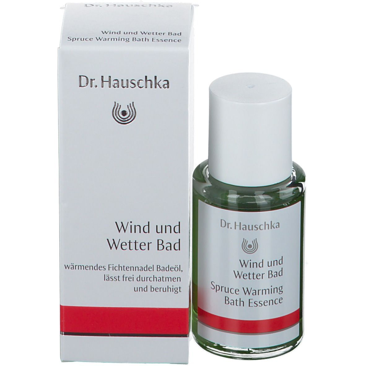 Glasflasche mit weißem Deckel und Karton. Produktname auf Etikett und Verpackung.