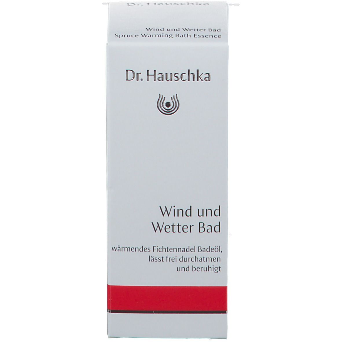 Kartonverpackung mit Produktnamen und rotem Streifen. Text auf der Verpackung.