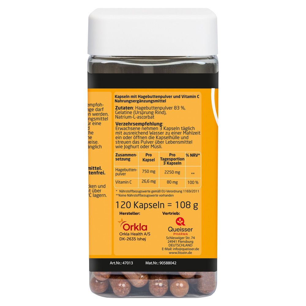 Rückseite der LITOZIN® Ultra Kapseln Dose. Text: 120 Kapseln = 108 g. Zutaten: Hagebuttenpulver, Vitamin C. Hersteller: Orkla Health.