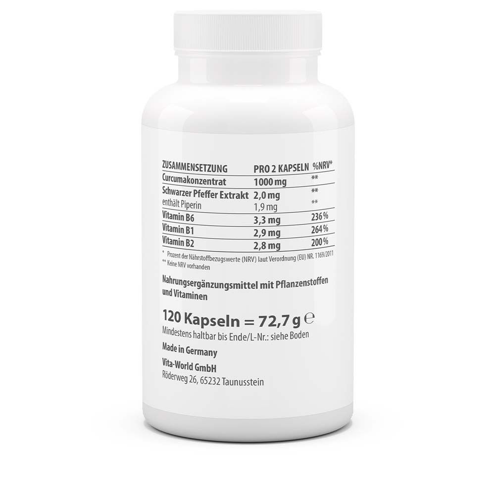 Rückseite der weißen Flasche. Text: Zusammensetzung, 120 Kapseln = 72,7 g, Made in Germany, Vita-World GmbH.