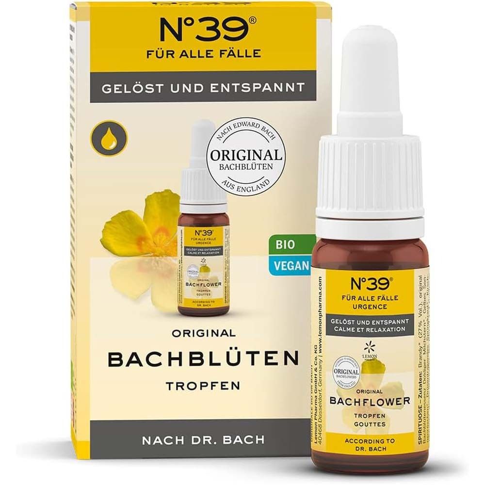 Produktverpackung und Flasche. Gelbe Schachtel mit Flasche. Text: N°39, Bachblüten, Tropfen. Bio, Vegan.