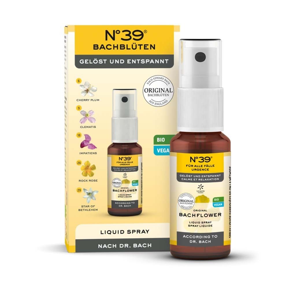 Produkt und Verpackung. Braune Flasche mit weißem Sprühkopf und gelbe Schachtel. Text: Bachblüten Liquid Spray.