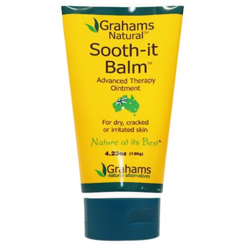 Gelbe Tube mit "Grahams Natural Sooth-it Balm". Text: "Für trockene, rissige oder gereizte Haut".