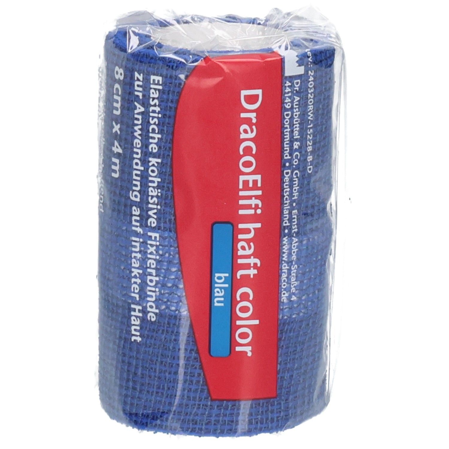 Blaue elastische Fixierbinde, 8 cm x 4 m, in Folie verpackt.