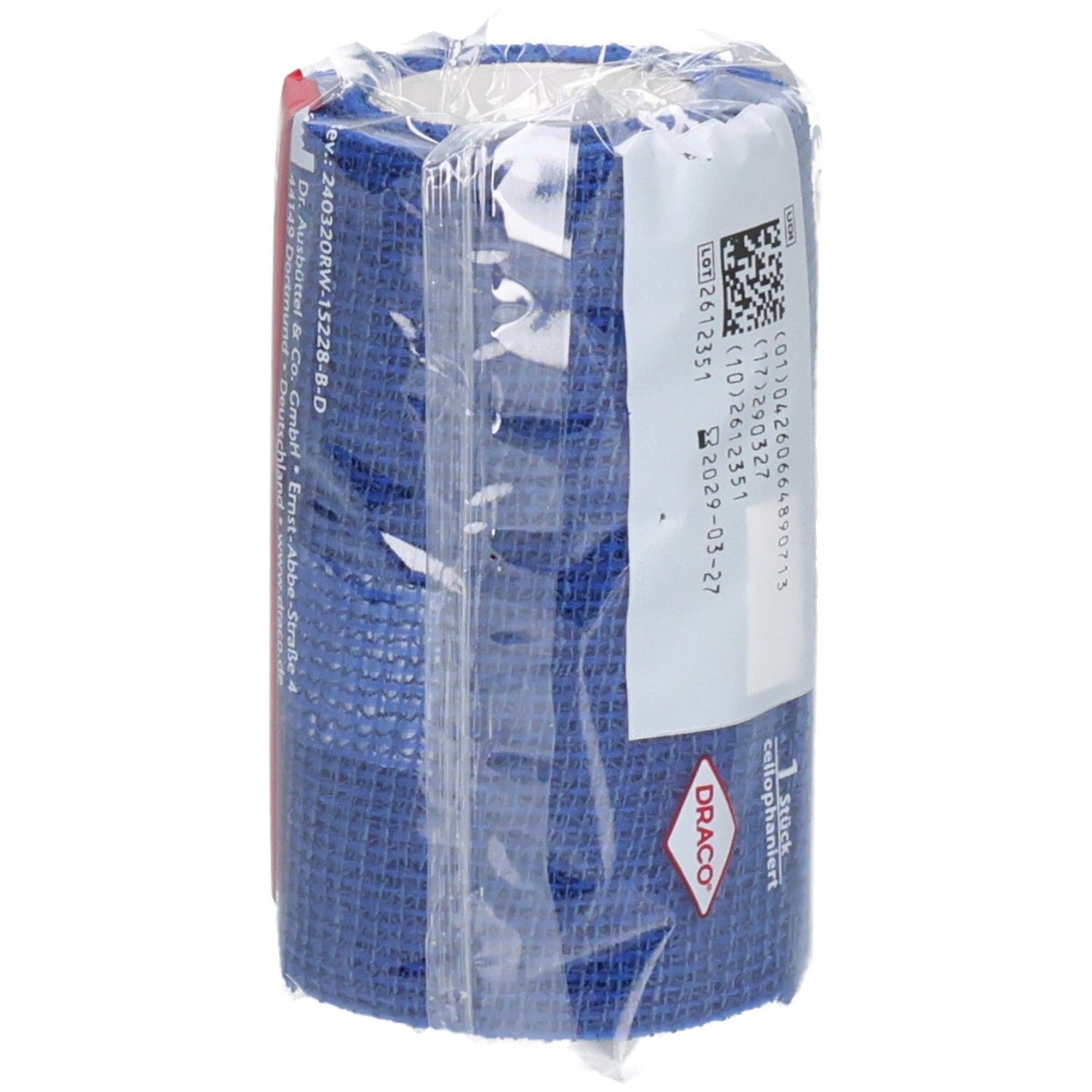 Seitenansicht einer blauen Fixierbinde, verpackt, mit Barcode und Chargennummer.