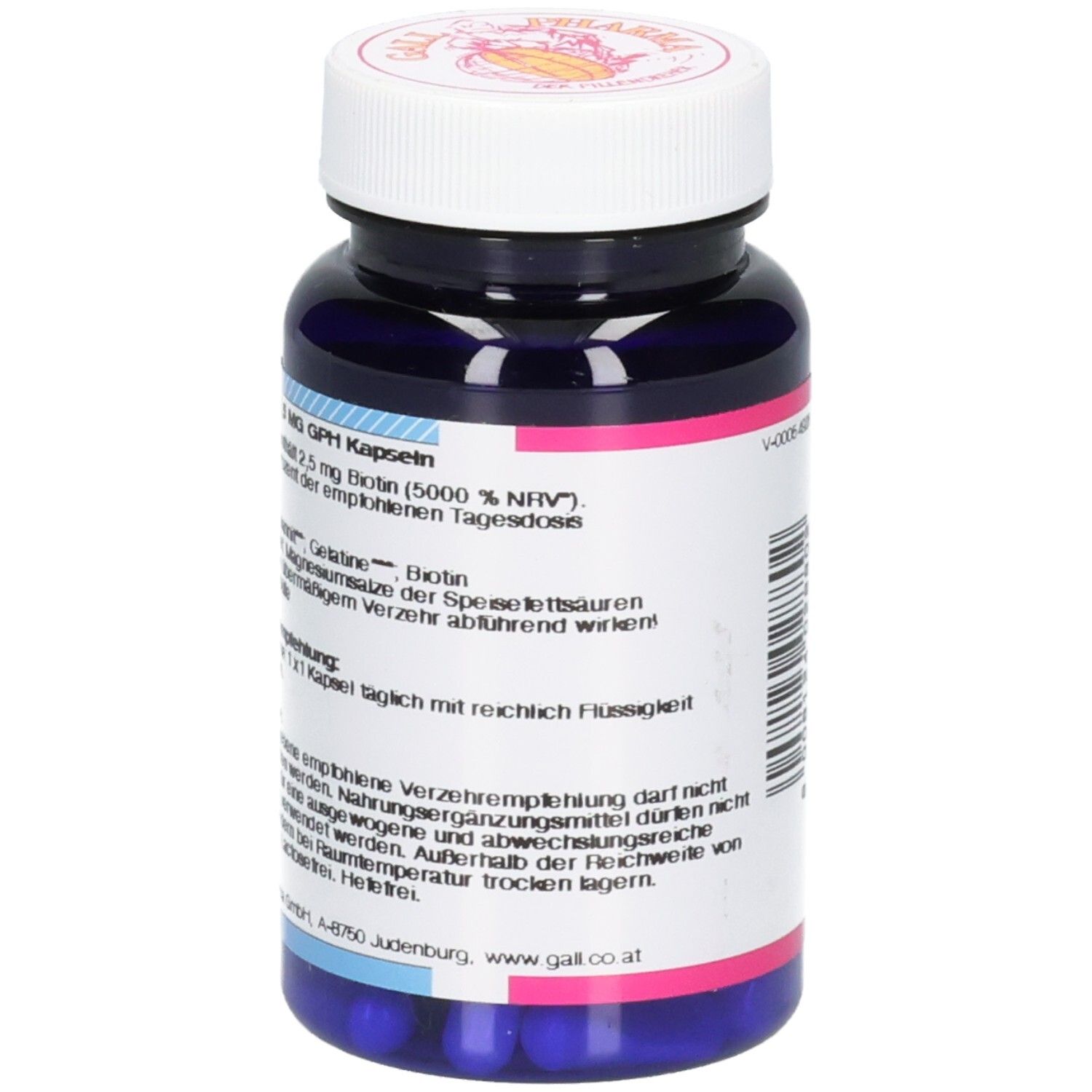 Dunkelblaue Flasche mit weißen Deckel. Aufschrift: GALL PHARMA Biotin 2,5 mg GPH Kapseln. Enthält 60 Kapseln. Etikett mit Produktinformationen.