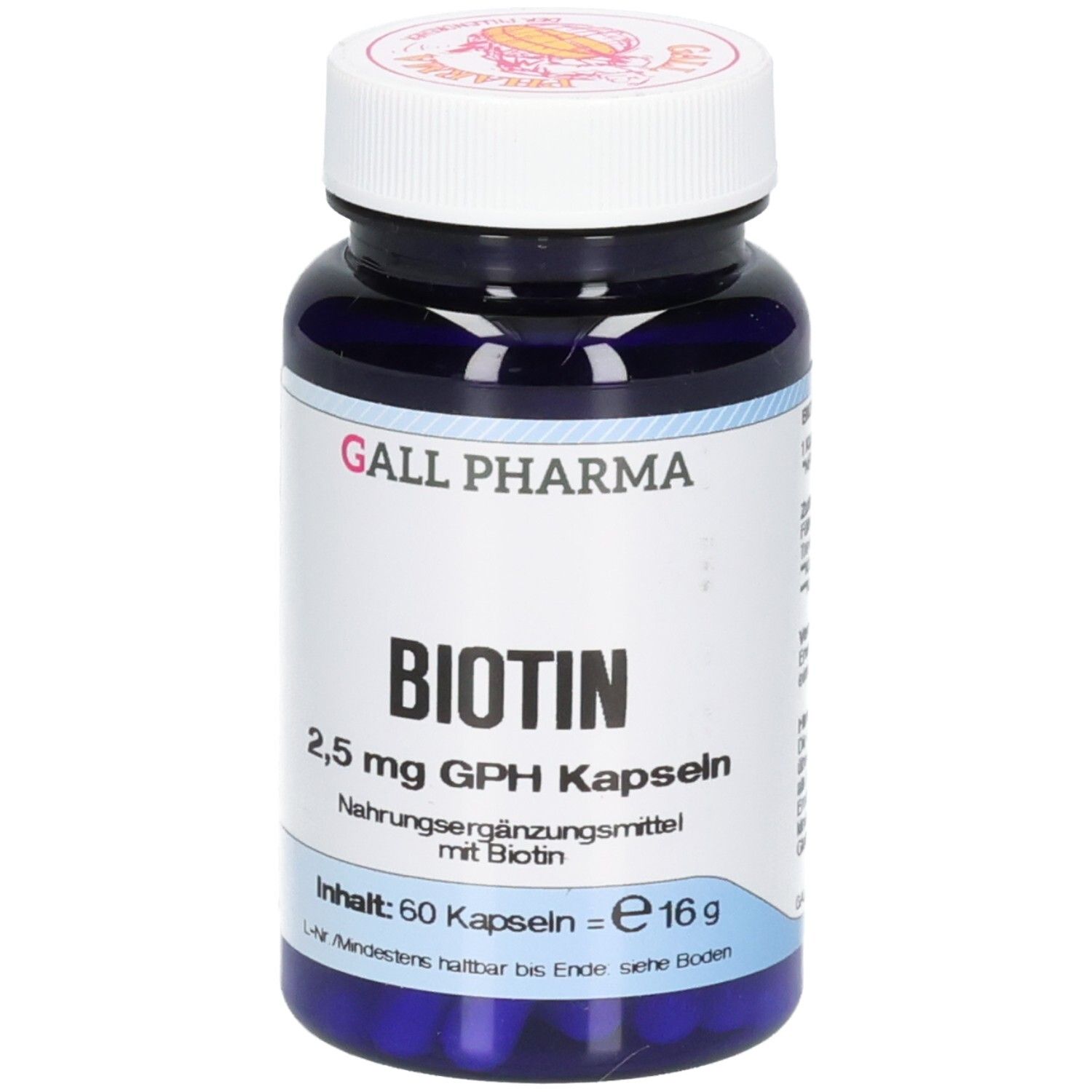 Dunkelblaue Flasche mit weißem Deckel. Aufschrift: GALL PHARMA Biotin 2,5 mg GPH Kapseln. Enthält 60 Kapseln. Etikett mit Produktinformationen.