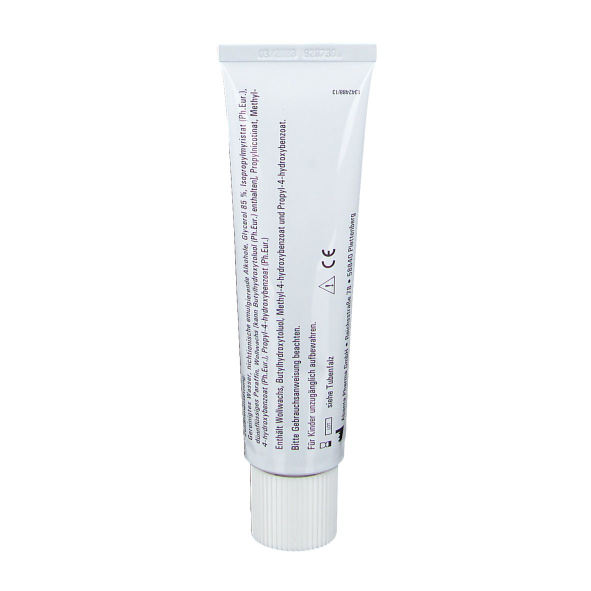 Elacur M hot Creme Tube. Rückseite. Text und Inhaltsstoffe. Weiß, rot und schwarz. CE-Zeichen.