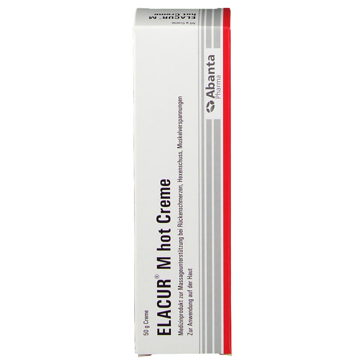 Elacur M hot Creme Schachtel. Weiß, rot und schwarz. Text: Elacur M hot Creme, 50g Creme. Abanta Pharma Logo.